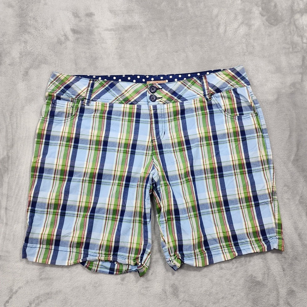 Vintage No Boundaries Shorts Womens 19 Juniors Blue Green Plaid Chino Casual